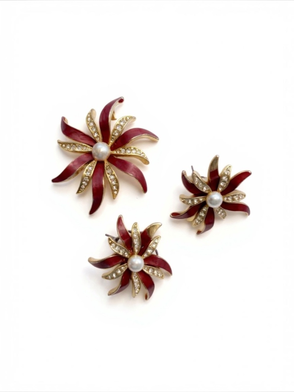 Vintage Soft Magenta Enamel & Rhinestone Floral Brooch and Earring Set
